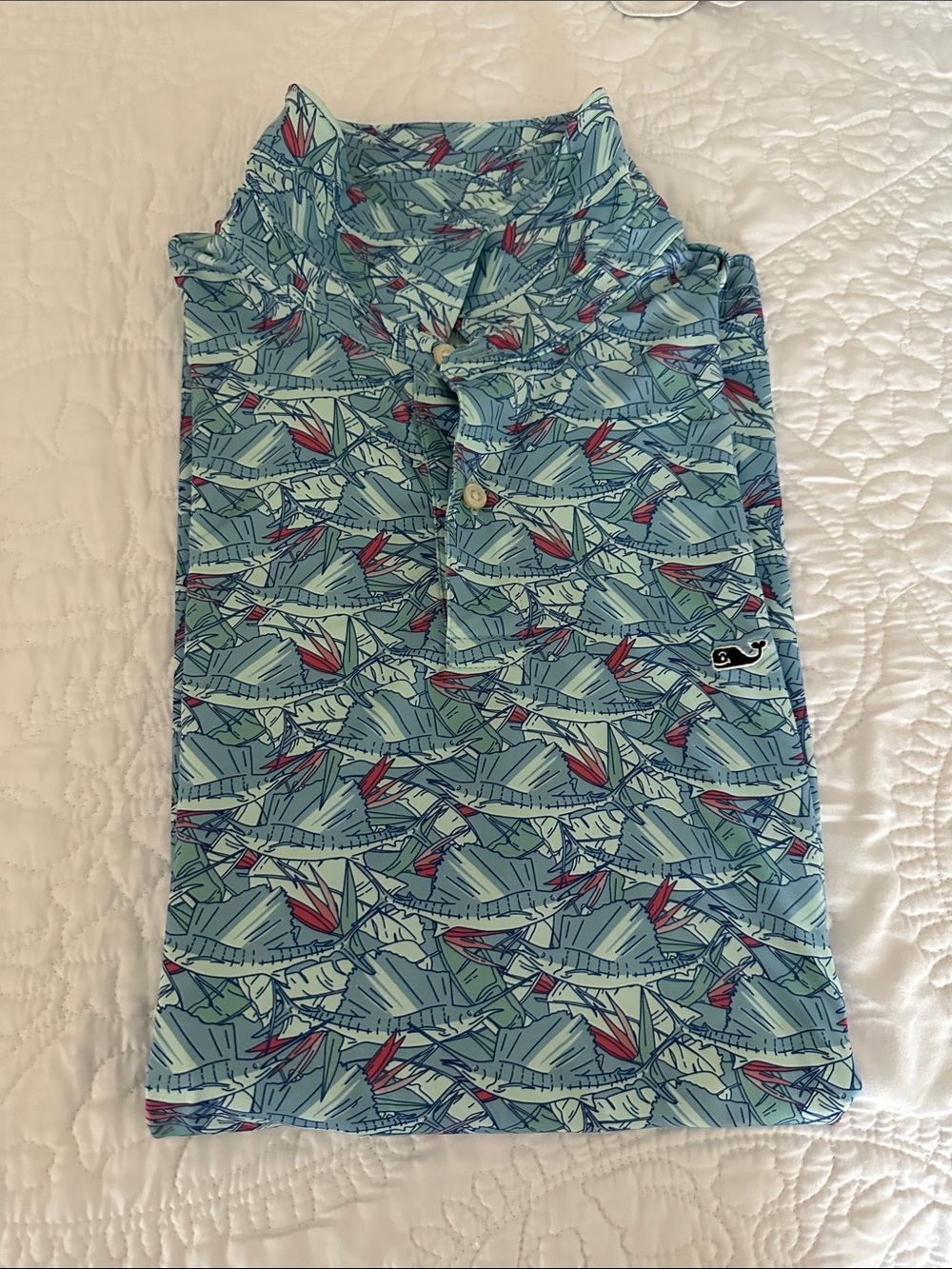 Vineyard Vines Men's Polo in Light Blue with Red Fish Print. Performance fabric